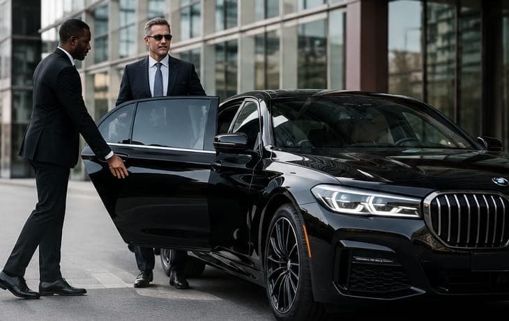 Chauffeur opening the door of a black BMW 760 M Series